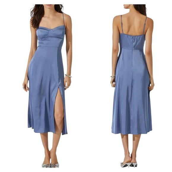 ASTR The Label Blue Satin Midi Dress Size Small Adjustable Straps Slit - Picture 1 of 7